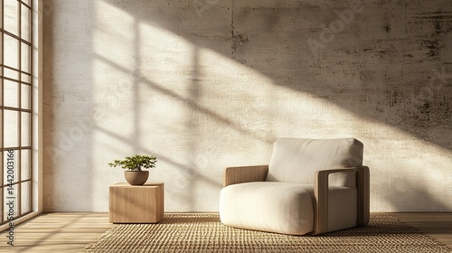 Obraz na płótnie Sunlit room with armchair, side table, and plant. w salonie