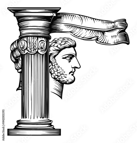 Black and White Engraving of Classical Column with Bust Profile