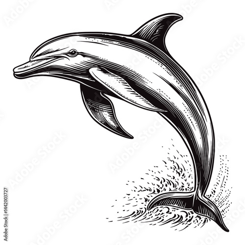Detailed Engraving of a Jumping Dolphin in Black and White Style