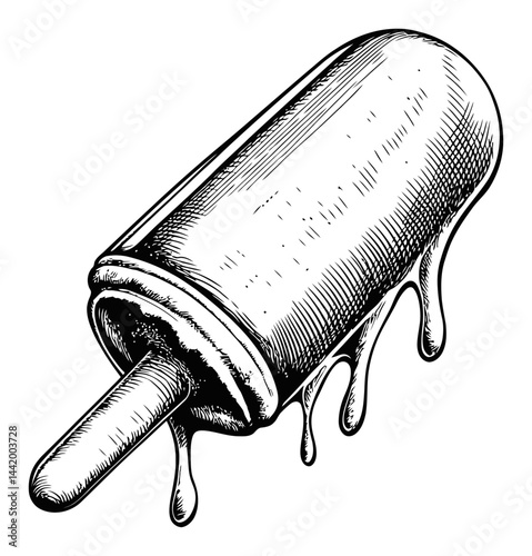 Detailed Hand-Drawn Engraving of Melting Ice Cream Popsicle