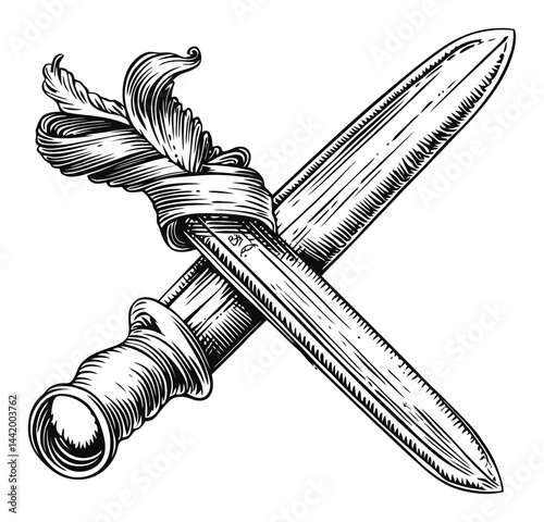 Detailed Engraving of Crossed Swords with Ornamental Feather Design