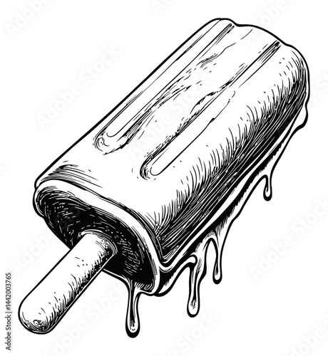 Hand-Drawn Popsicle Illustration with Melting Effect in Black and White