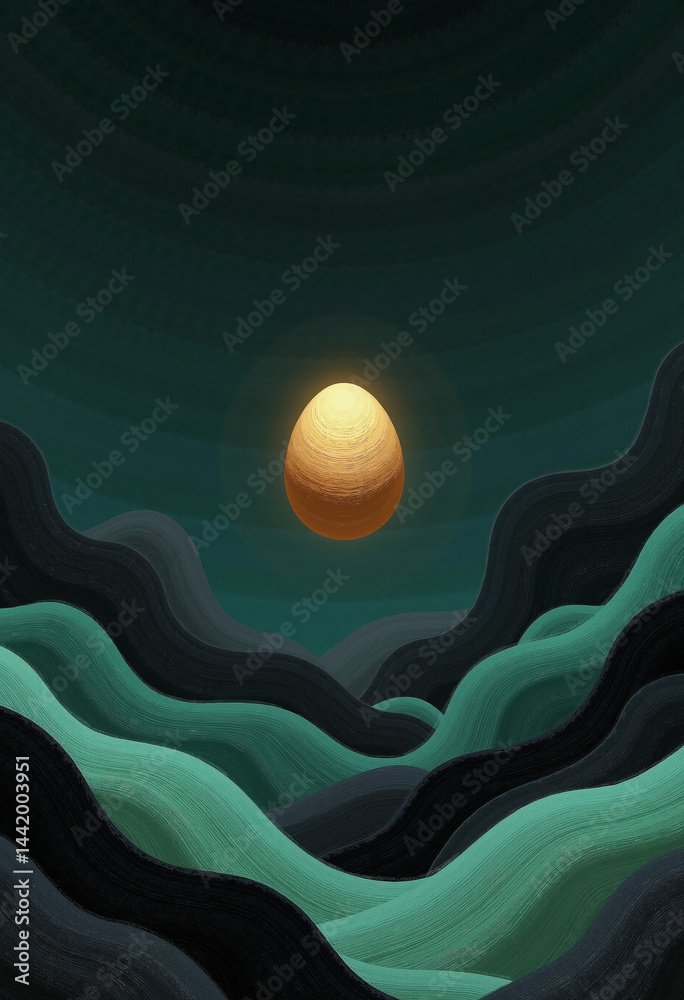 Fototapeta premium Golden egg hovers over teal and black rolling hills in an artistic abstract nature scene. The egg radiates a soft glow and warmth.
