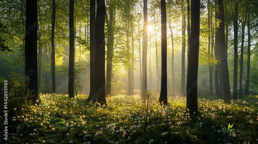 Obraz premium Sunlit spring forest scene with white flowers and tall trees eco calm lush park green woods flora