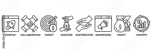 Crowdfunding web icon vector illustration concept with icon of startup, collaboration, target, investor, contribution, advertising, profit, growth