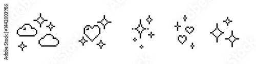 Y2k inspired pixel sparkling star, heart, cloud. Glitter. Sparkle. Pixel art icon set. Mood of 90's. 8 bit retro style pixelated vector illustration. Simple geometric shining texture for dreamy design