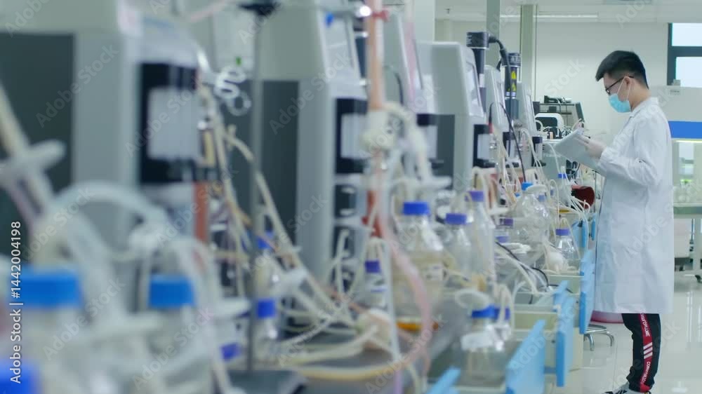 Scientist in white uniform using laboratory biological cell culture equipment for doing research in cleanroom. Scientist in white uniform using laboratory biological cell culture equipment for doing research in cleanroom.