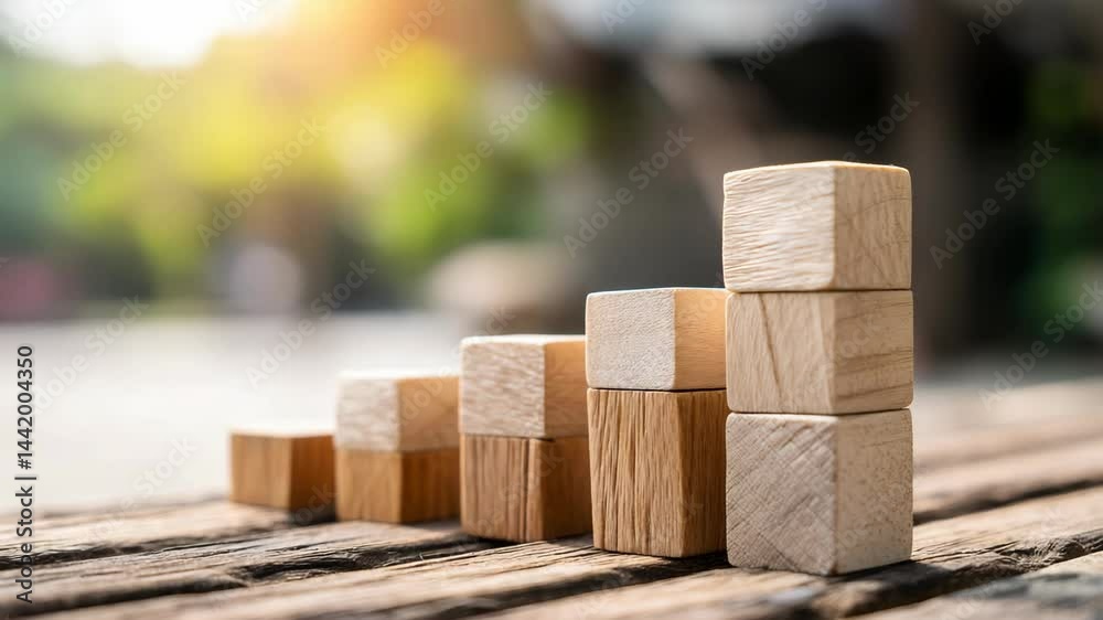 Stacked wooden blocks on a table display growth progress in a sunny outdoor setting Stacked wooden blocks on a table display growth progress in a sunny outdoor setting
