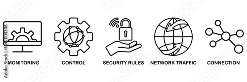 Firewall icon set vector illustration concept for network security system with icon of monitoring, control, security rules, network traffic and connection
