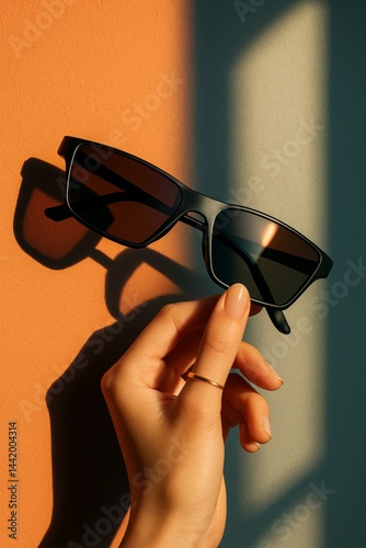 A close-up of a hand holding a pair of sleek, modern sunglasses against a vibrant wall with dramatic lighting casting sharp shadows.