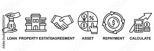 Mortgage icon set vector illustration concept with icon of loan, property estate, agreement, asset, repayment and calculate