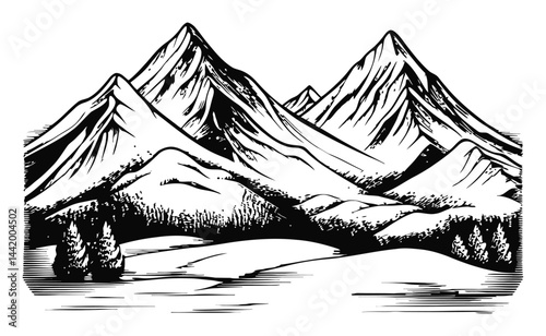 Black and White Mountain Engraving with Trees and Rolling Hills