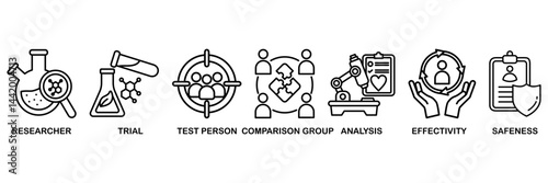 Clinical study icon set vector illustration concept for clinical trial research with an icon of researcher, trial, test person, comparison group, analysis, effectivity, and safeness