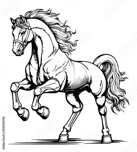 Detailed Engraving of a Prancing Horse in Classic Style