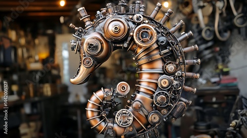 Steampunk seahorse sculpture in workshop background