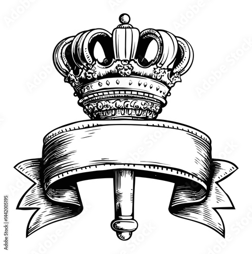 Ornate Crown with Scroll Banner Engraving for Vintage Illustration