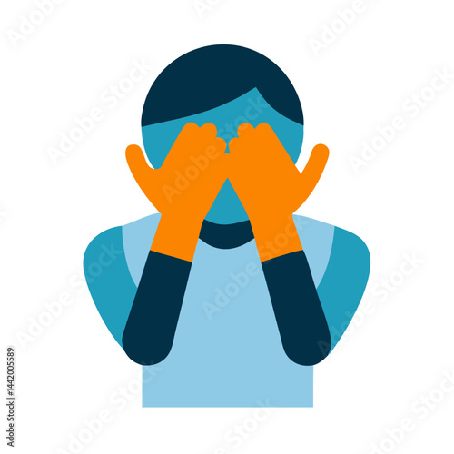 Person hiding their face in hands, expressing shyness, in a flat design  