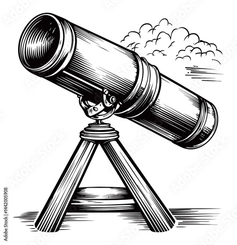 Telescope Vintage Engraving Illustration in Black and White Style