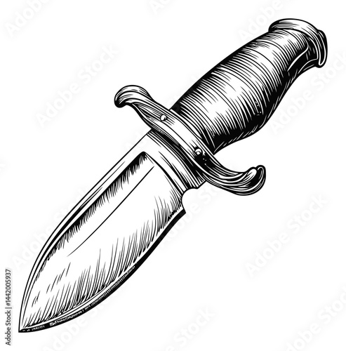 Detailed Engraving of a Classic Hunting Knife with Intricate Design