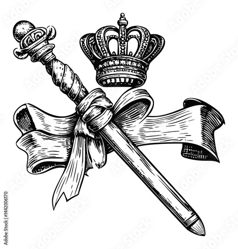 Hand-drawn Crown and Scepter Engraving with Decorative Ribbon Design