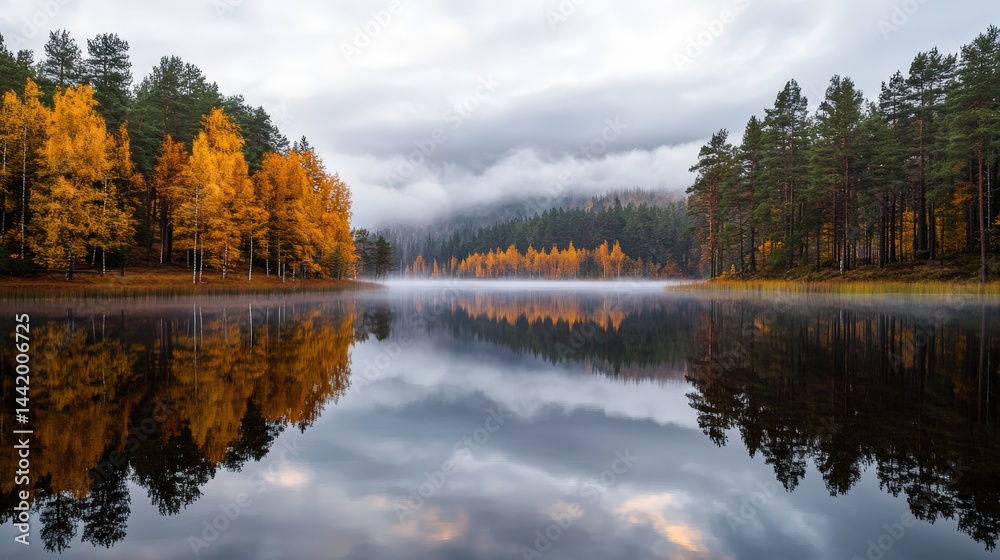 Tranquil autumn landscape with calm river reflecting vibrant orange and yellow foliage trees, dense pine forest, overcast sky, misty mountain background Tranquil autumn landscape with calm river reflecting vibrant orange and yellow foliage trees, dense pine forest, overcast sky, misty mountain background
