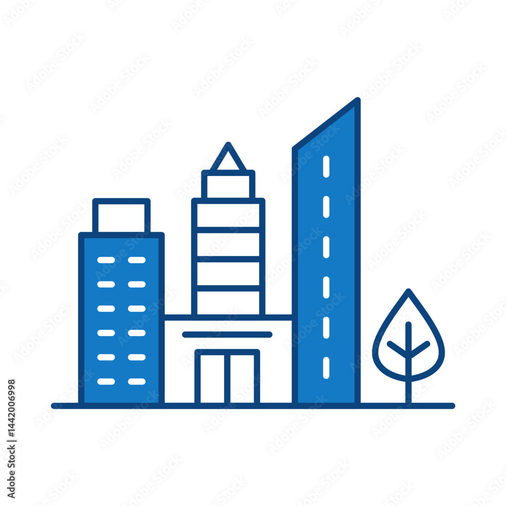 Obraz premium Buildings Line Editable Stroke Icon. Real Estate, City, Cityscape, House, Home, Apartment, Condominium, Hotel, Mall, Town, Architecture Buildings Icons Vector Illustration
