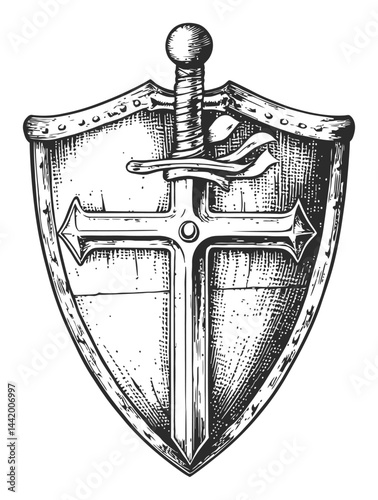Vintage Engraving of Sword and Shield Illustration for Art Reference