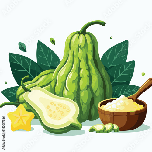 green, organic, fresh, ingredient, food, vegetable, raw, healthy, natural, agriculture, vegetarian, chayote, background, diet, white, fruit, plant, nutrition, vegetables, isolated, nutritious, freshne