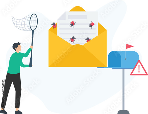 Programmer is using a bug net to catch software bugs crawling out of an email message, illustrating the concept of debugging and software testing in a creative and engaging way

