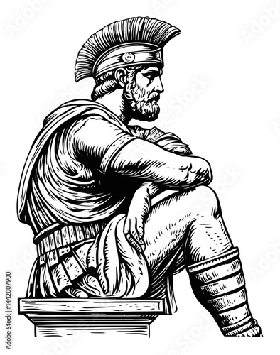Detailed Vintage Engraving of a Classical Warrior Sitting in Profile