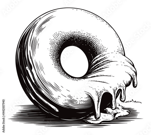 Detailed Engraving of a Melting Donut with Glossy Icing Drip