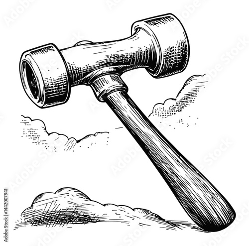 Handcrafted Engraving of a Gavel Surrounded by Clouds