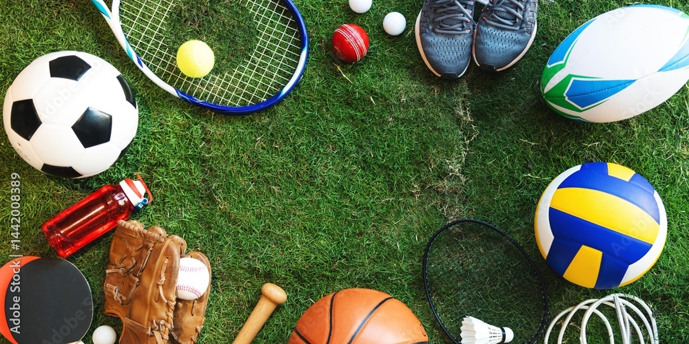 Various sports equipment on grass, including a soccer ball, tennis racket, rugby ball background. Sports gear for diverse activities. Sports and equipment on display. Sports frame on grass background.