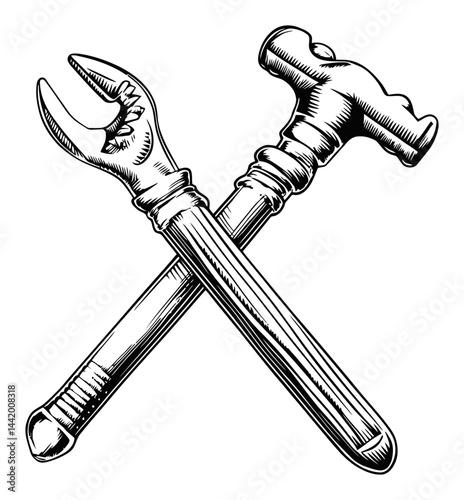 Vintage Engraving of Crossed Hammer and Wrench Tools Illustration