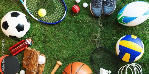 Obraz na płótnie Various sports equipment on grass, including a soccer ball, tennis racket, rugby ball background. Sports gear for diverse activities. Sports and equipment on display. Sports frame on grass background. w salonie