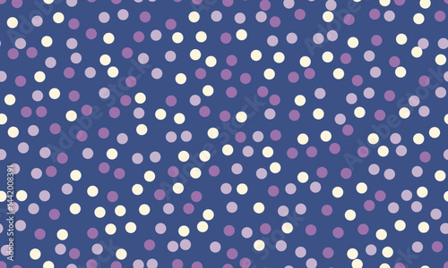 Delightful confettistyle pattern featuring scattered circles in soft purple, lavender, and white on a rich navy blue background.