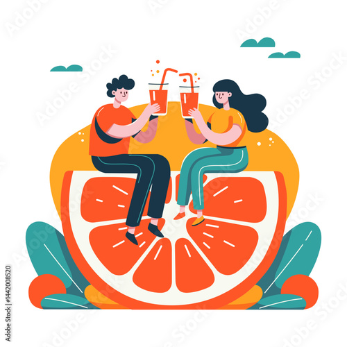 Man and woman sitting on a huge orange and holding glasses filled with freshly squeezed juice. Simple bright vector illustration in flat style.