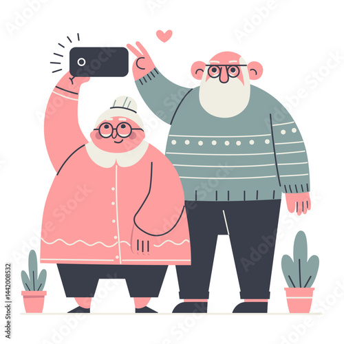 Lovely grandparents use their smartphones to take photos, shoot videos or video chat.