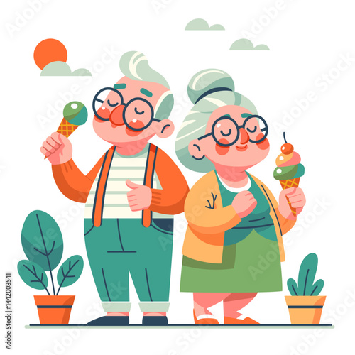 Cute retired couple walking in the park and eating ice cream on a warm sunny day. Colored illustration in flat vector style.