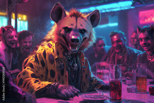 Man in leopard suit sitting at table with a group of people.