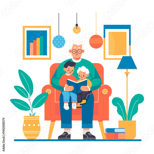 A man reads a book to two boys while sitting in a comfortable chair in a cozy home environment with good room lighting.