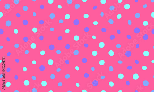 Vibrant pink background adorned with scattered teal and purple dots. Playful, fun, and energetic design perfect for textiles, websites, or playful branding.