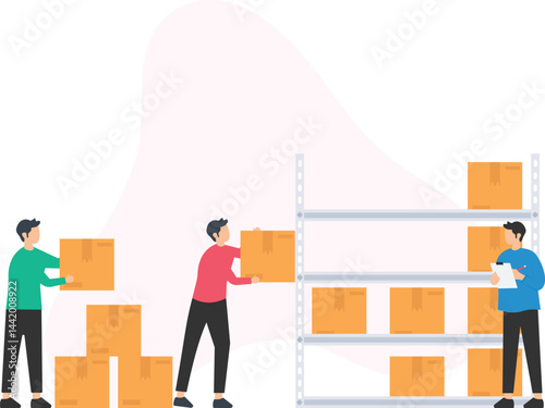 Warehouse workers are organizing packages on shelves and stacking boxes, ensuring efficient inventory management and order fulfillment within a distribution center

