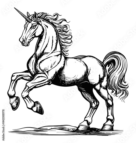 Intricate Engraving of a Majestic Unicorn in Classic Style