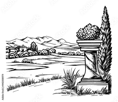 Serene Landscape Engraving with Column and Hills in Background