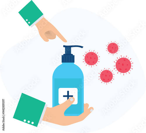 Doctor pointing at a hand sanitizer bottle held by another person, emphasizing the importance of using the product to effectively eliminate viruses and bacteria for better hygiene

