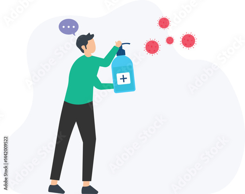 Young man holding a sanitizer dispenser, actively fighting viruses while promoting essential hygiene practices and effective disease prevention measures for a healthier lifestyle

