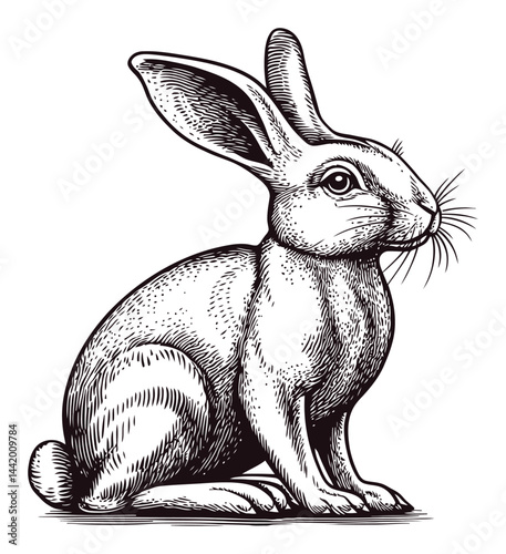 Detailed Engraving Illustration of a Realistic Sitting Rabbit