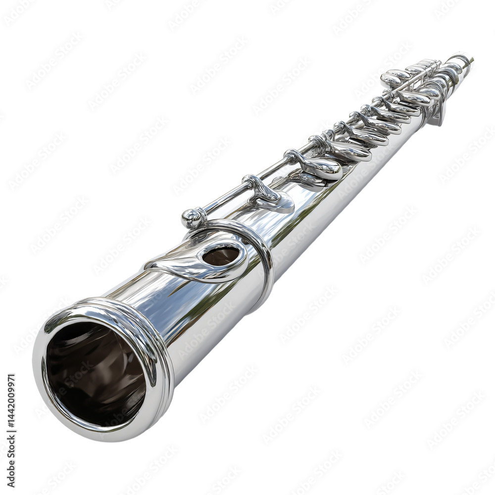 Fototapeta premium Gleaming silver flute shines in darkness