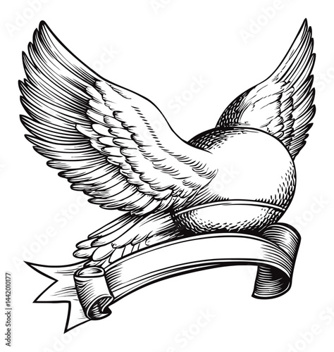 Engraved Illustration of Winged Ball with Blank Ribbon Banner
